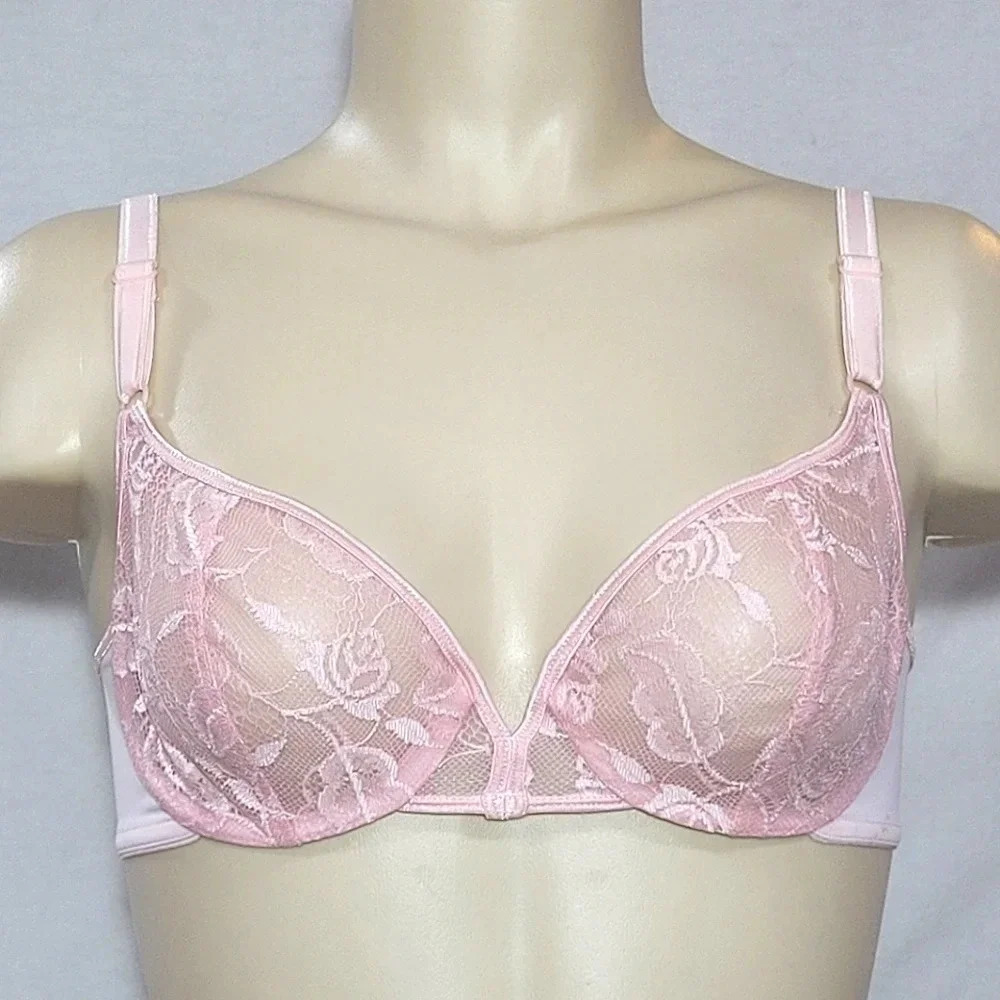 34B Warner's 89414 Semi Sheer Lace Divided Cup Underwire Bra Pink Excellent Pre-